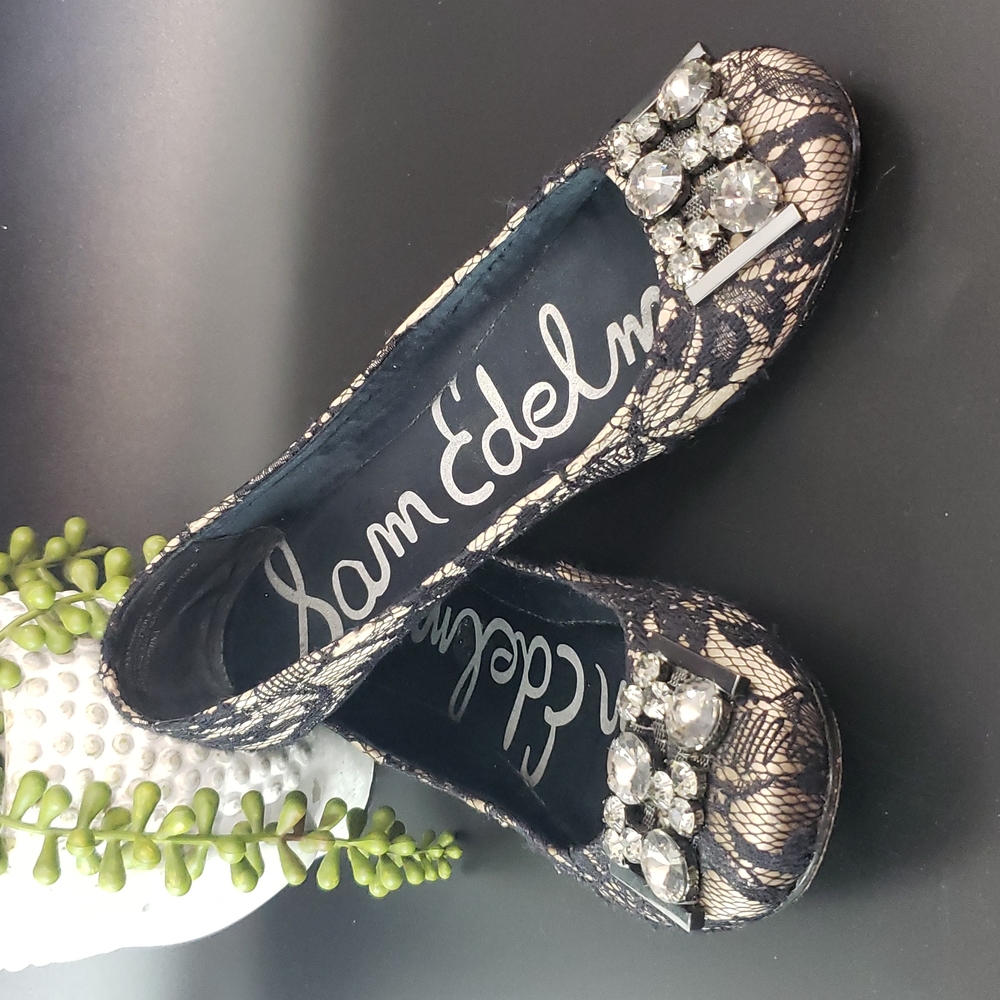 Sam Edelman Black Lace Satin Ballet Jewels Flat Slipper sz 7.5